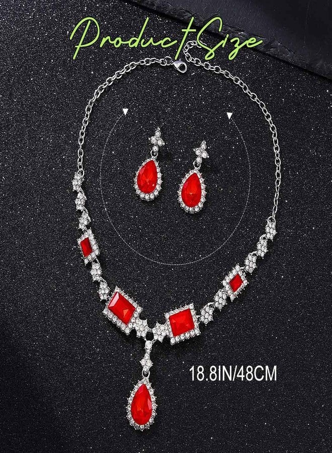 TWINKLEDE Red Rhinestone Necklace Jewelry Set Prom Necklace and Earring Accessories for Women (Red, One size) - Image 3